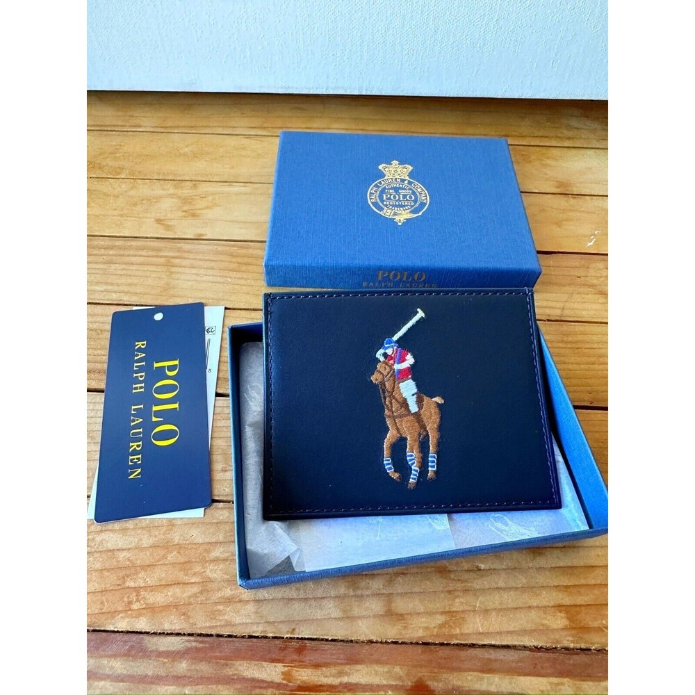 NIB  POLO Ralph Lauren MEN'S CARD HOLDER LEATHER BIG PONY NAVY new